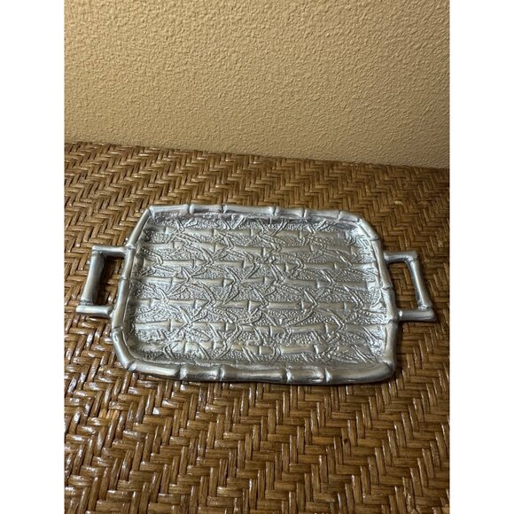 Vintage Mexican Handcrafted Aluminum Serving Tray With Handles Textured Bamboo - Picture 2 of 5